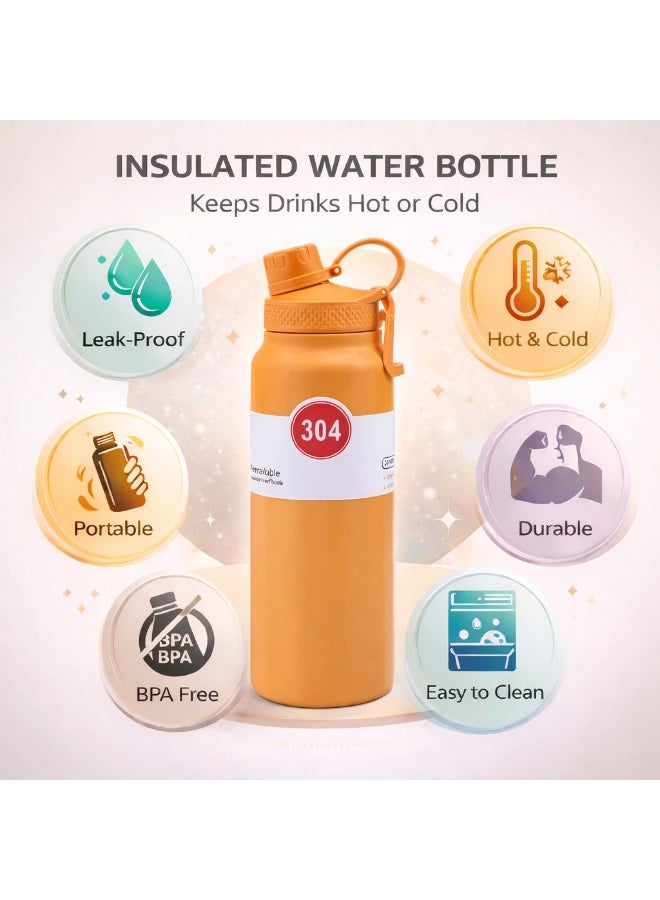 زجاجة ماء معزولة من الستانلس ستيل مع شفاطة ومقبض حمل، عزل مزدوج، خالية من BPA، مانعة للتسرب، سعة 950 مل (برتقالي) - Image 4